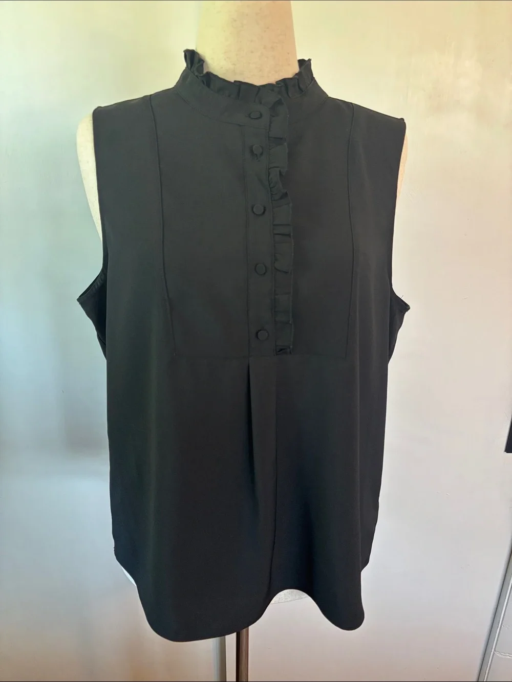 J. Crew Black Sleeveless Ruffle-Neck Button Front Blouse